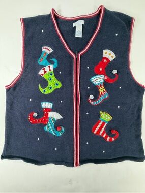 Traditions Ugly Christmas Sweater Vest Elf Stocking Beaded Zip Holiday Plus 2X